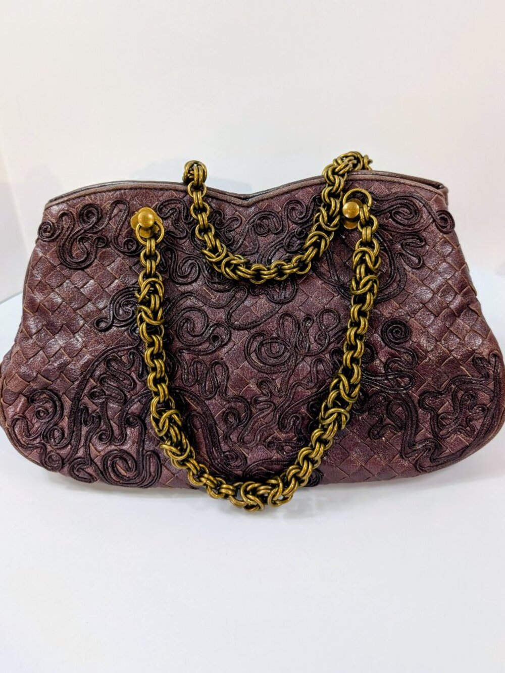 Bottega Veneta Plum Burgundy Embroidered Intrecciato Leather Large Shoulder Bag